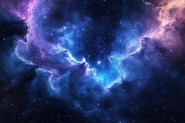 Wall Mural - ethereal cosmic nebula swirling with iridescent blues and purples, illuminated by distant stars and celestial dust, creating a dreamlike galactic panorama with depth and mystery