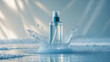 © Ardilayg - A blue-tinted cosmetic spray bottle splashes into the water, evoking freshness and rejuvenation. Great for skincare, cosmetics, and wellness visuals