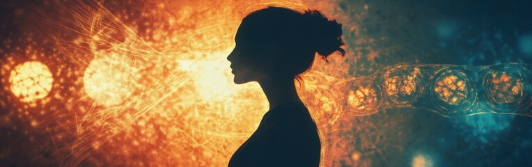 Aufkleber - Conceptual portrayal of a glowing woman symbolizing energy and transformation in a vibrant, imaginative setting