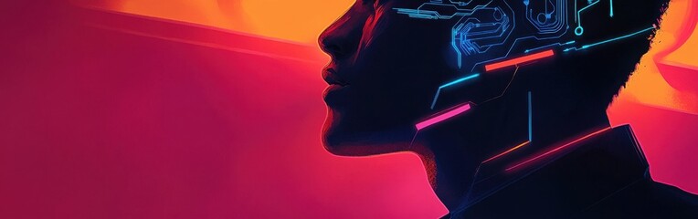 Poster - Mystical representation of a man's profile filled with vibrant digital elements symbolizing innovation and technology