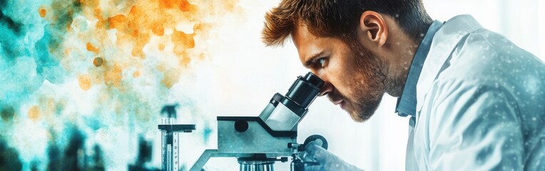 Fototapete - Researcher examines specimen through microscope in laboratory with watercolor background