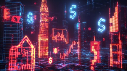 Wall Mural - a conceptual image of a power broker represented with glowing cityscapes and business symbols.