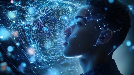 Wall Mural - a conceptual image of a data broker with digital data streams and futuristic graphics.