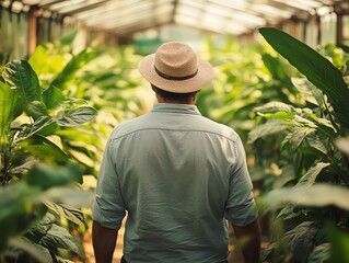 Aufkleber - Professional man walking through greenhouse plantation, checking agriculture growth, farmer inspecting organic horticulture, greenery plants, farming efficiency