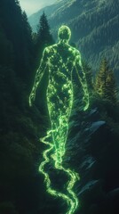 Leinwandbilder - Man walking through a forest with a glowing outline surrounded by nature and mountains in the background