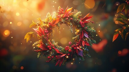 Aufkleber - Dynamic floral wreath adorned with vibrant leaves and berries in a warm golden glow