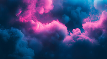 Wall Mural - Dark navy blue merging into vibrant neon pink with a hyper-realistic glowing atmosphere and soft drifting clouds