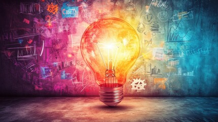 Aufkleber - Multicolored glowing light bulb illuminating an artistic wall in a creative workspace at night