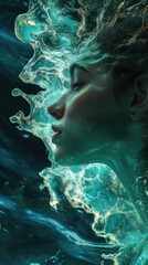 Aufkleber - Surreal representation of a glowing woman submerged in vibrant water creating ethereal waves of light
