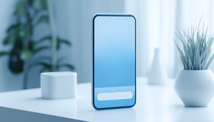 A sleek modern smartphone with a blue screen is showcased on a clean table. The minimalist setting includes a stylish plant and decorative items, emphasizing modern technology.