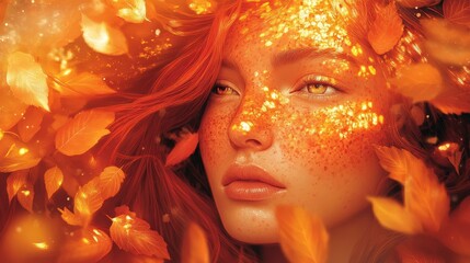 Poster - Serene portrayal of a woman's face adorned with autumn leaves and warm golden light in a tranquil setting