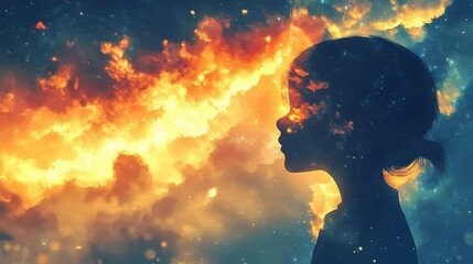 Poster - Serene silhouette of a child glowing with cosmic colors at twilight in a dreamlike landscape