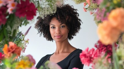 Aufkleber - Creative headshot session featuring a subject amidst a vibrant floral backdrop in a studio setting