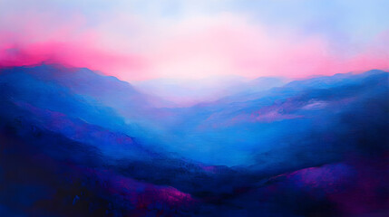 intense ultramarine blue blending into glowing fuchsia with a surreal misty dreamscape hovering bene