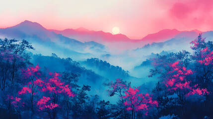 intense ultramarine blue blending into glowing fuchsia with a surreal misty dreamscape hovering bene