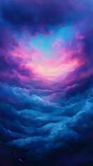 intense ultramarine blue blending into glowing fuchsia with a surreal misty dreamscape hovering bene