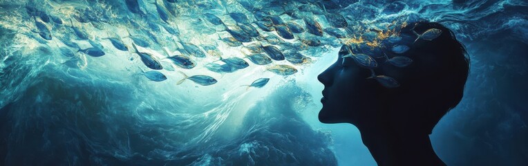 Aufkleber - Mystical silhouette of a man surrounded by an ethereal underwater world with shimmering fish swimming through his thoughts