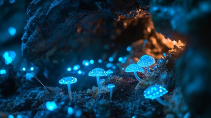 Wall Mural - discover a mystical world filled with glowing mushrooms. the unique blue hue creates an enchanting a