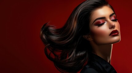 Wall Mural - a studio shot of a brunette model with dramatic makeup and a sleek hairstyle.