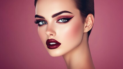 Wall Mural - a studio shot of a brunette model with dramatic makeup and a sleek hairstyle.