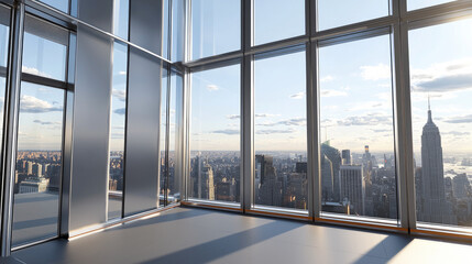 Poster - modern office space with large windows showcasing city skyline view, featuring skyscrapers and sunset ambiance
