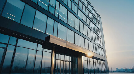 Poster - Modern glass office building with sleek design and sunset reflection