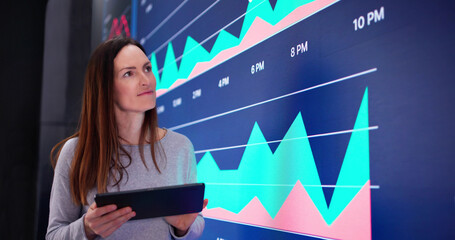 Poster - The young female businesswoman conducts advanced AI data research