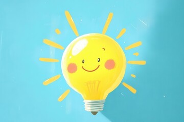 Wall Mural - whimsical illustration of a round lightbulb character with animated facial features and radiating sunshine-yellow beams against a playful blue background