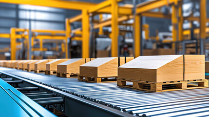 Aufkleber - Efficient conveyor system transporting wooden boxes in warehouse setting