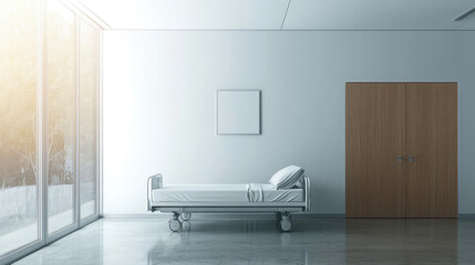 Poster - modern hospital room featuring single bed, large windows, and minimalistic design. space is bright and inviting, promoting sense of calm