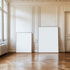 Poster - Empty room with two blank canvases against classic wall