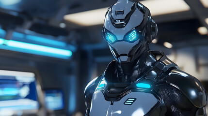 A robot with blue eyes stands in a room