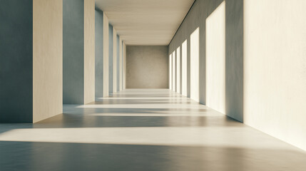 Poster - minimalist corridor with geometric shadows and sunlight streaming through large windows