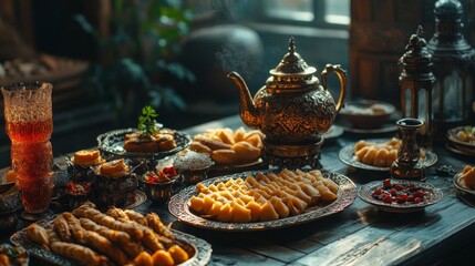 an opulent table displays an array of delicious pastries and tea