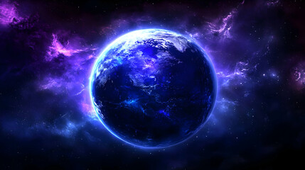a vibrant photo depicts a glowing blue planet against a backdrop of swirling purple and blue nebula