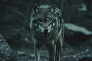  full-body photo of a wolf, with gray fur and black eyes, standing in the wilderness. It has sharp teeth and claws on its paws