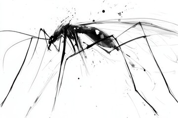 Artistic Illustration of a Mosquito in Black and White With Abstract Ink Splashes