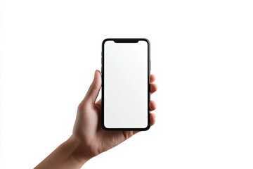Hand Holding Smartphone with Black Empty Screen Isolated Over White Background