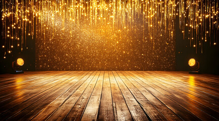 golden stage with glittering curtain and wooden floor backdrop for elegant events, performances, par