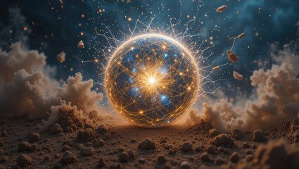 Wall Mural - Cosmic Sphere Exploding with Particles and Light Above a Cloudy Surface in a Dark Universe