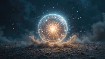 Wall Mural - Radiant Energy Sphere Surrounded by Cosmic Particles and Ethereal Clouds in Dark Environment