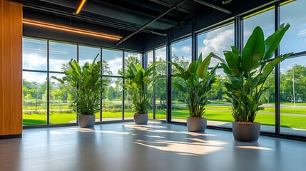 Fototapete - Modern interior with large windows and potted plants