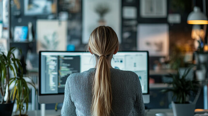 Woman programmer working on computer code at home office coding screen career modern future design