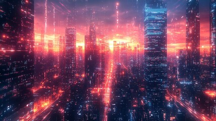 Wall Mural - a neon grid city where energy pulses through every building