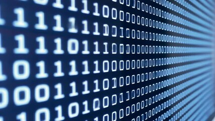 Binary code displayed digital screen, representing data and technology concepts. VDO features rows of ones and zeros, symbolizing foundation of computer programming, digital communication