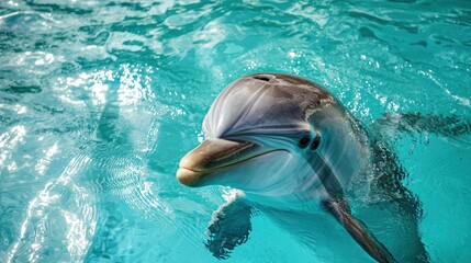 a close-up of a smiling dolphin swimming in crystal-clear blue water