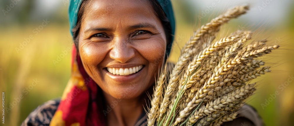 Smiling Indian woman farmer holding wheat harvest in rural field ...