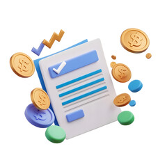Poster - A modern 3D showcasing a rolled white financial receipt with blue text lines  accompanied by floating golden coins and a shiny golden checkmark