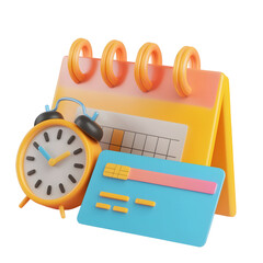 Poster - Smooth and vibrant 3D showcasing a bill calendar  a round clock  and a modern credit card  representing the concept of financial planning  payment due dates  and responsible credit card usage