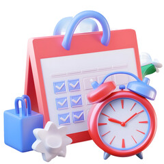 Leinwandbilder - Sleek and modern 3D rendered time tracking concept featuring a standing red calendar with a detailed analog clock in front  The glossy finish of both elements adds a premium high tech touch